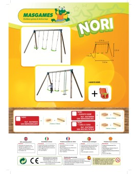 Baloiço triplo em madeira quadrada Masgames NORI XL + assento de bebê