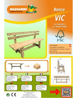Banco de madeira com encosto MASGAMES VIC